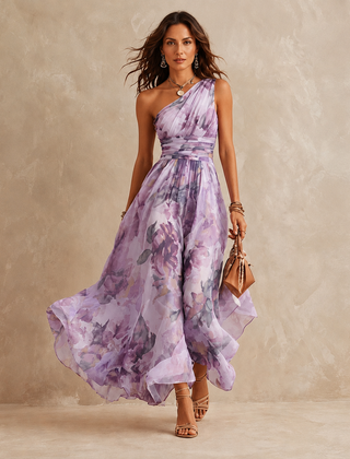 Delphine One-Shoulder Floral Maxi Dress in Lavender – front view
