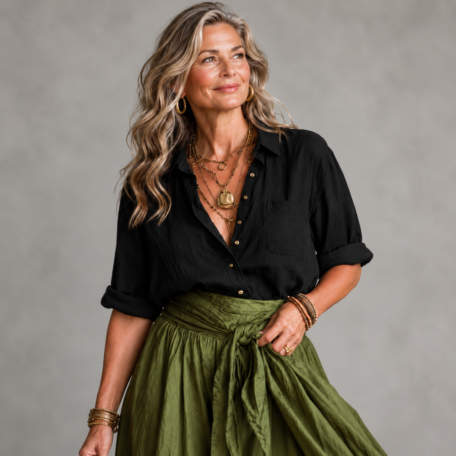 RIVER | Two-Piece Set: Black Top and Olive Green Midi Skirt