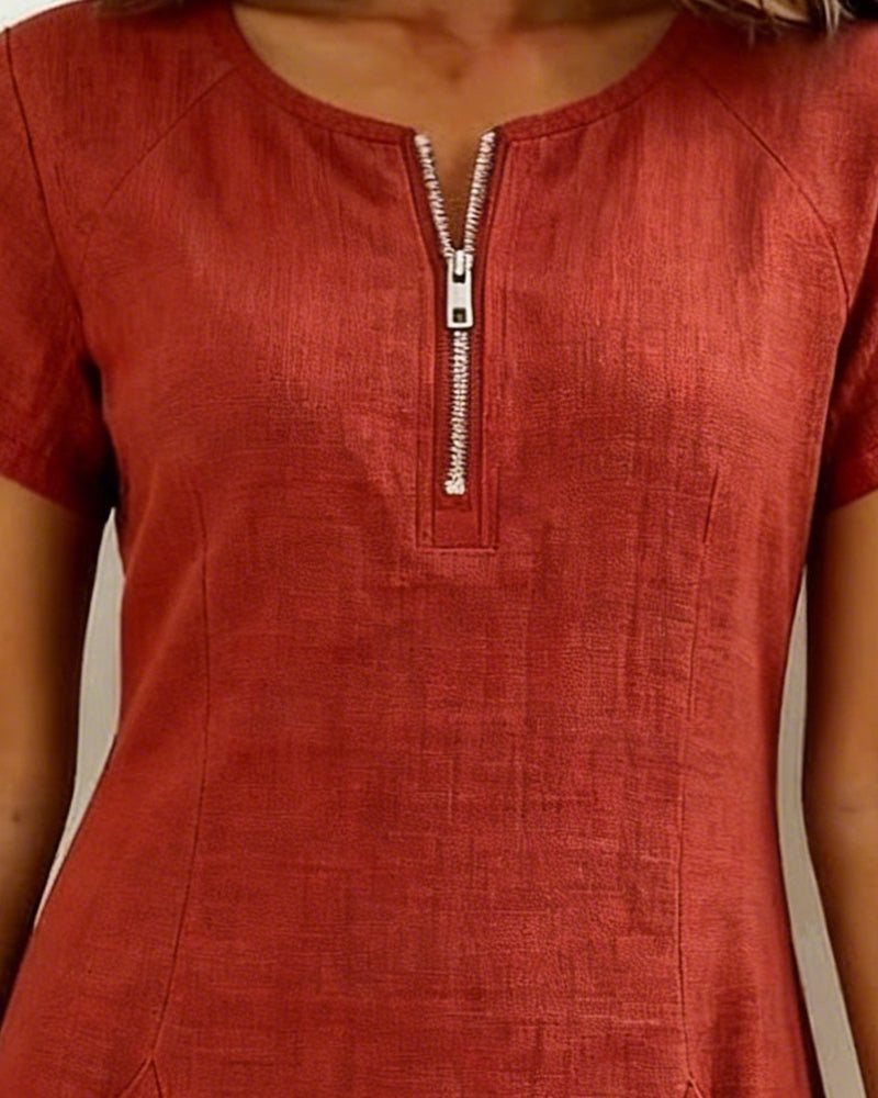 Tamsin dress in Red, zip neckline close-up