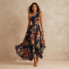 Delphine One-Shoulder Floral Maxi Dress in Navy – front view