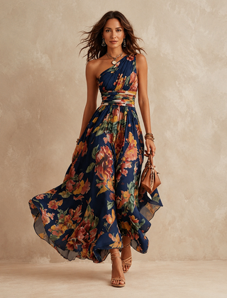 Delphine One-Shoulder Floral Maxi Dress in Navy – front view