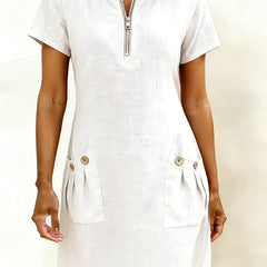 Tamsin zip-neck cotton-linen dress in White