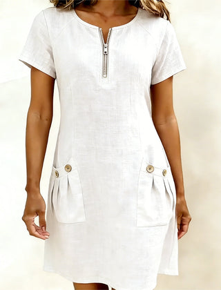 Tamsin zip-neck cotton-linen dress in White
