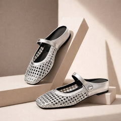 Maisie mule flats in Silver — pair on a neutral studio step