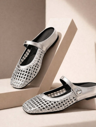 Maisie mule flats in Silver — pair on a neutral studio step