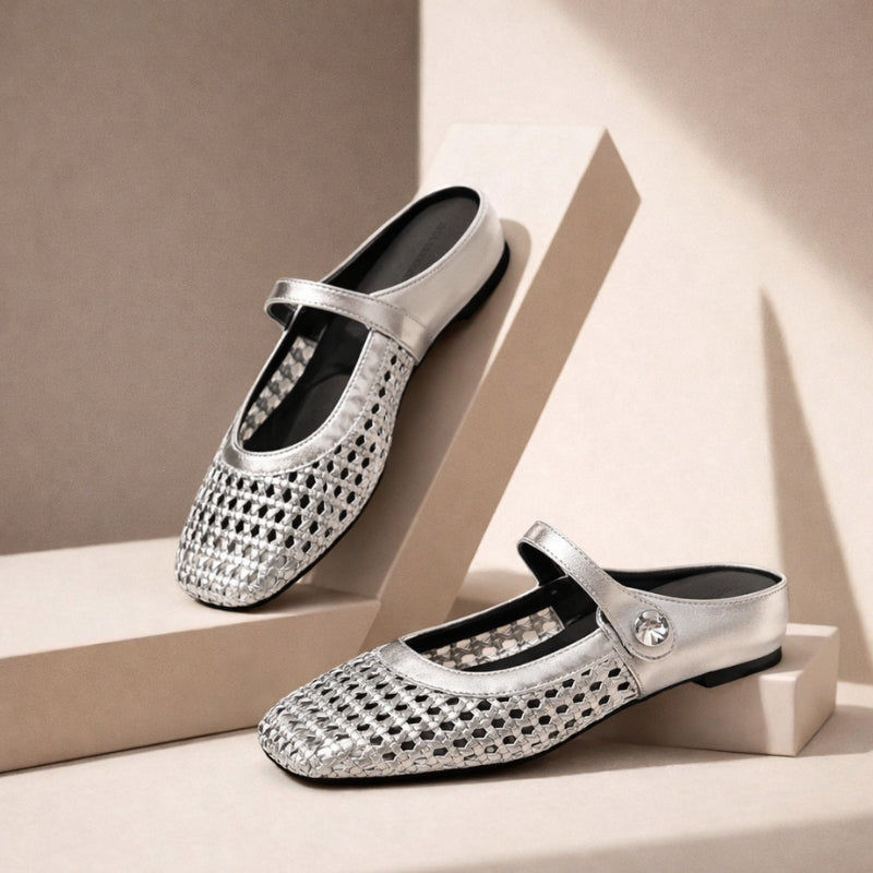 Maisie mule flats in Silver — pair on a neutral studio step