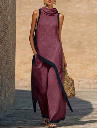 Ingrid cowl-neck top and wide-leg pant set in Burgundy