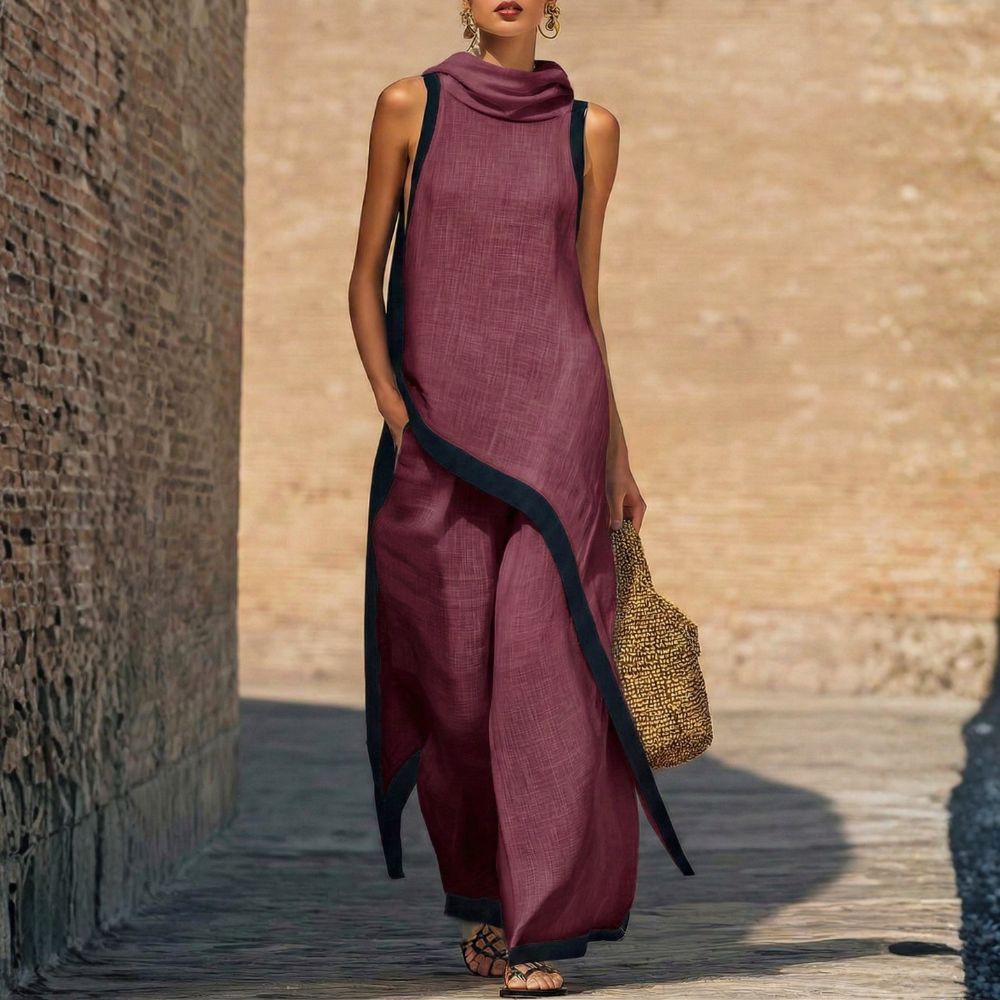 Ingrid cowl-neck top and wide-leg pant set in Burgundy