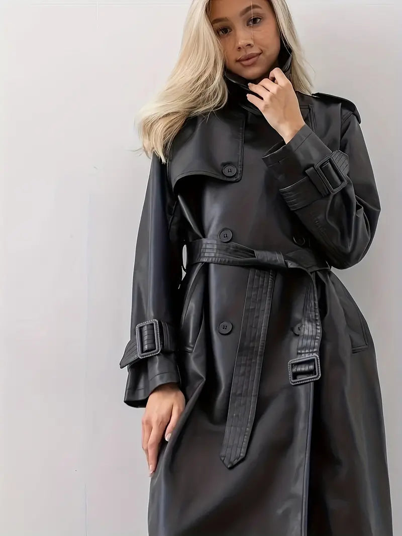 Marcella | Women's Long Belted Faux Leather Trench Coat