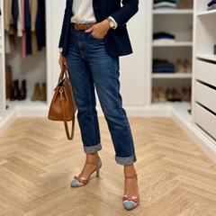 Tabitha bow heels styled with jeans and a blazer