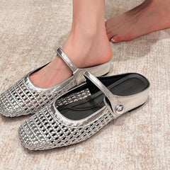 Maisie mule flats in Silver — worn, close-up