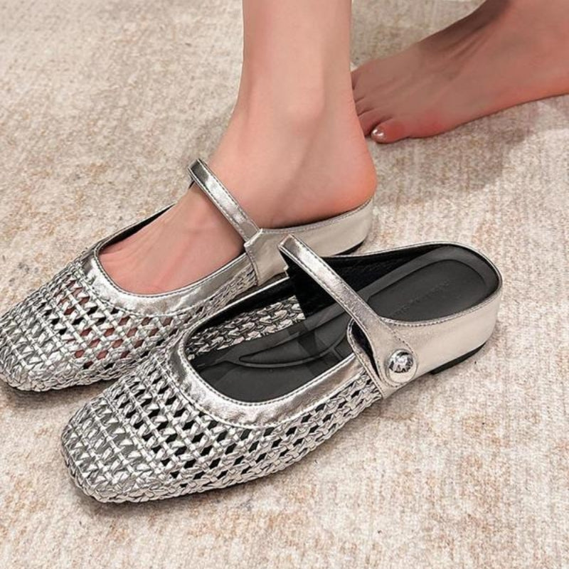 Maisie mule flats in Silver — worn, close-up