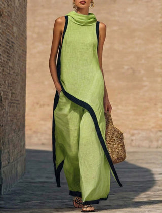 Ingrid cowl-neck top and wide-leg pant set in Green