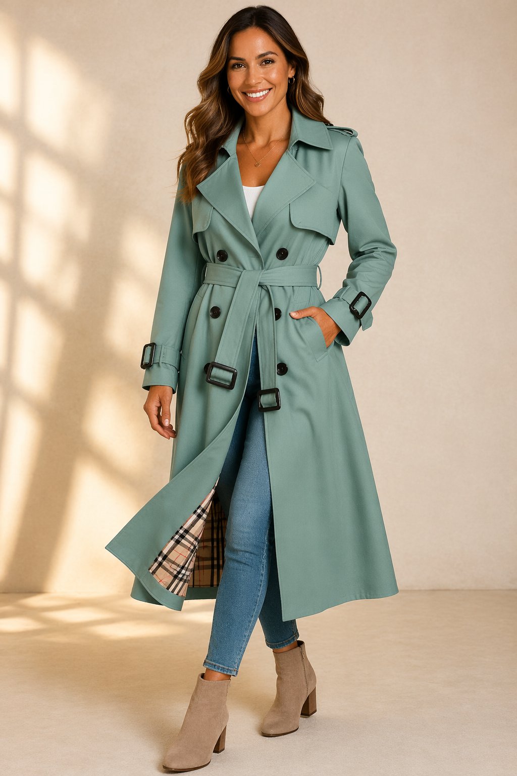 Stevie | Elegant Women's Long Trench Coat with Waist Belt