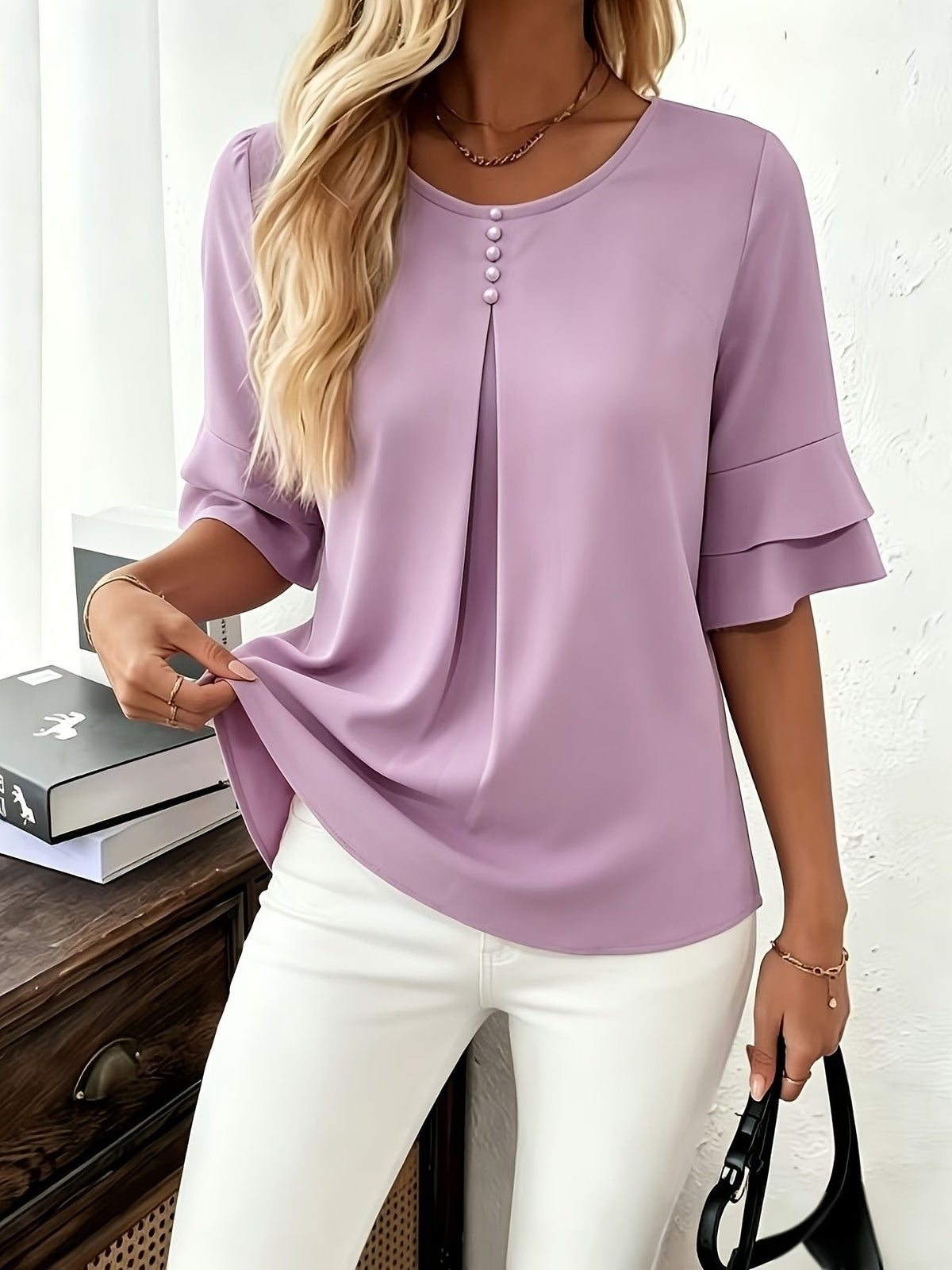 Celina | Flared-Sleeve Pleated Blouse