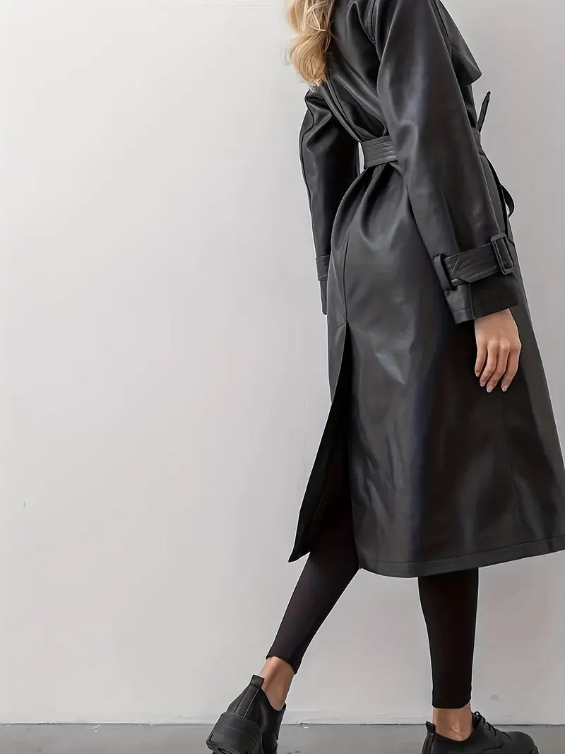 Marcella | Women's Long Belted Faux Leather Trench Coat