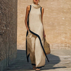 Ingrid cowl-neck top and wide-leg pant set in Khaki