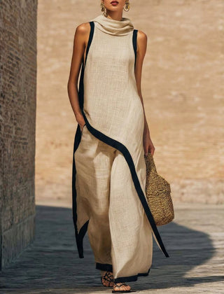 Ingrid cowl-neck top and wide-leg pant set in Khaki