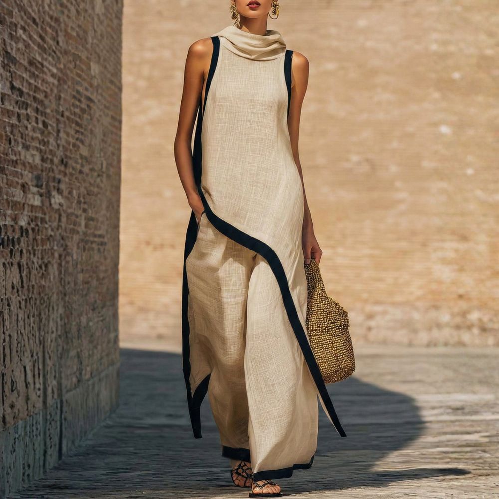Ingrid cowl-neck top and wide-leg pant set in Khaki