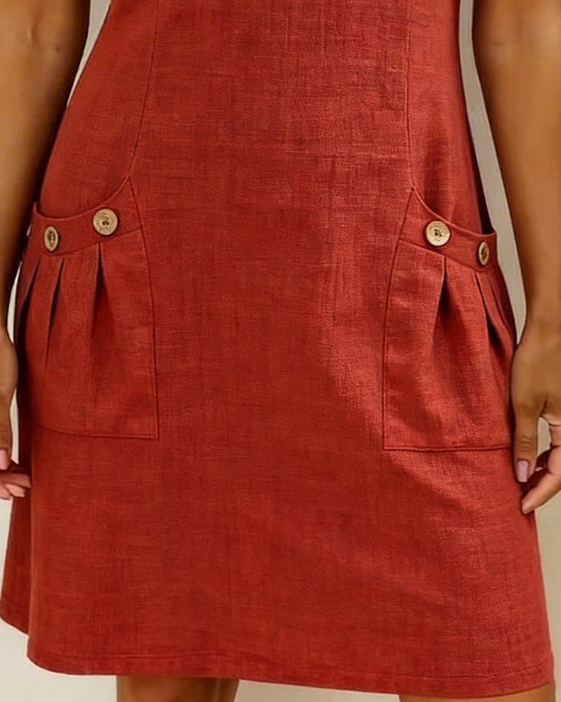 Tamsin dress in Red, button pocket detail