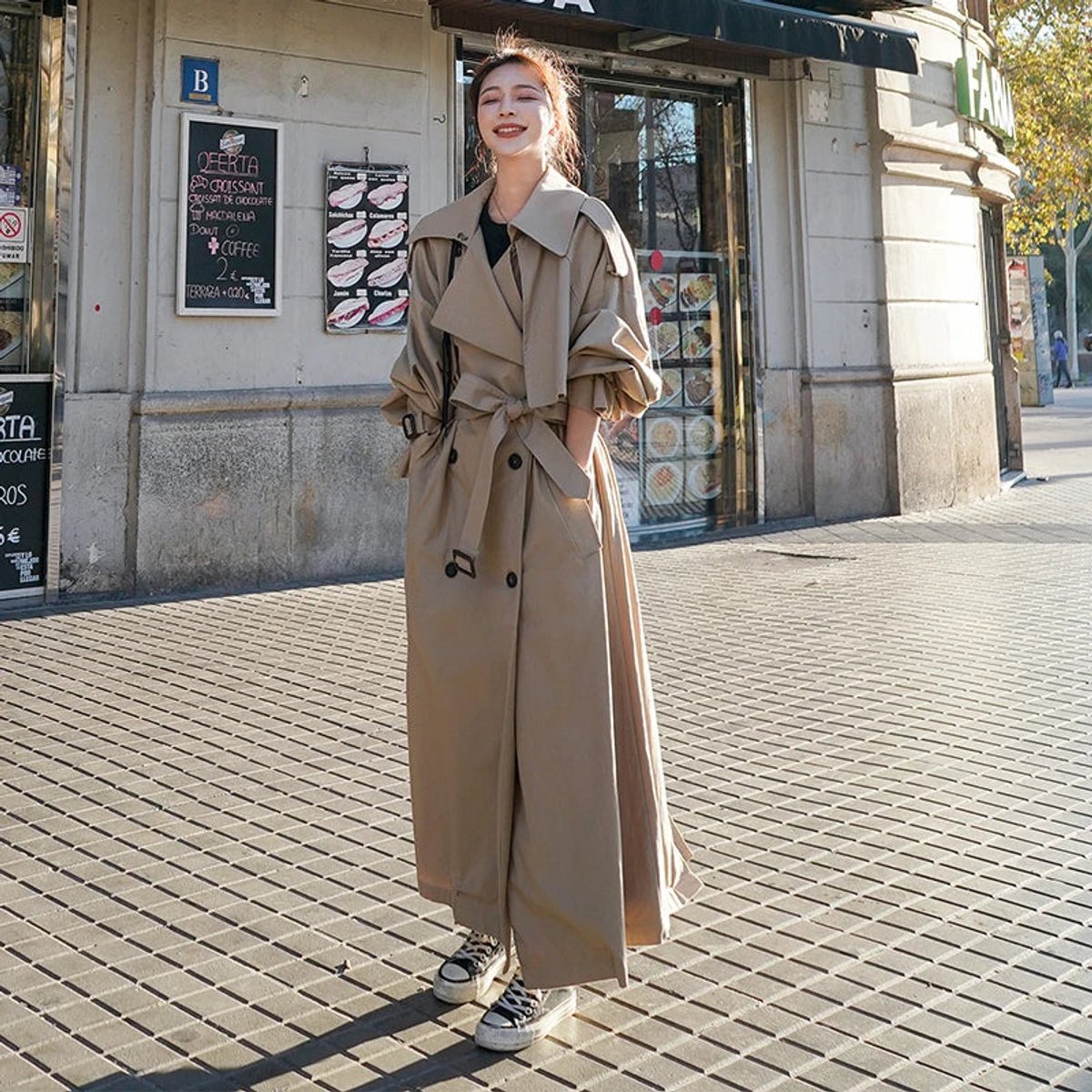 Arabella | Women's Oversized Double-Breasted Maxi Trench Coat with Tie Belt