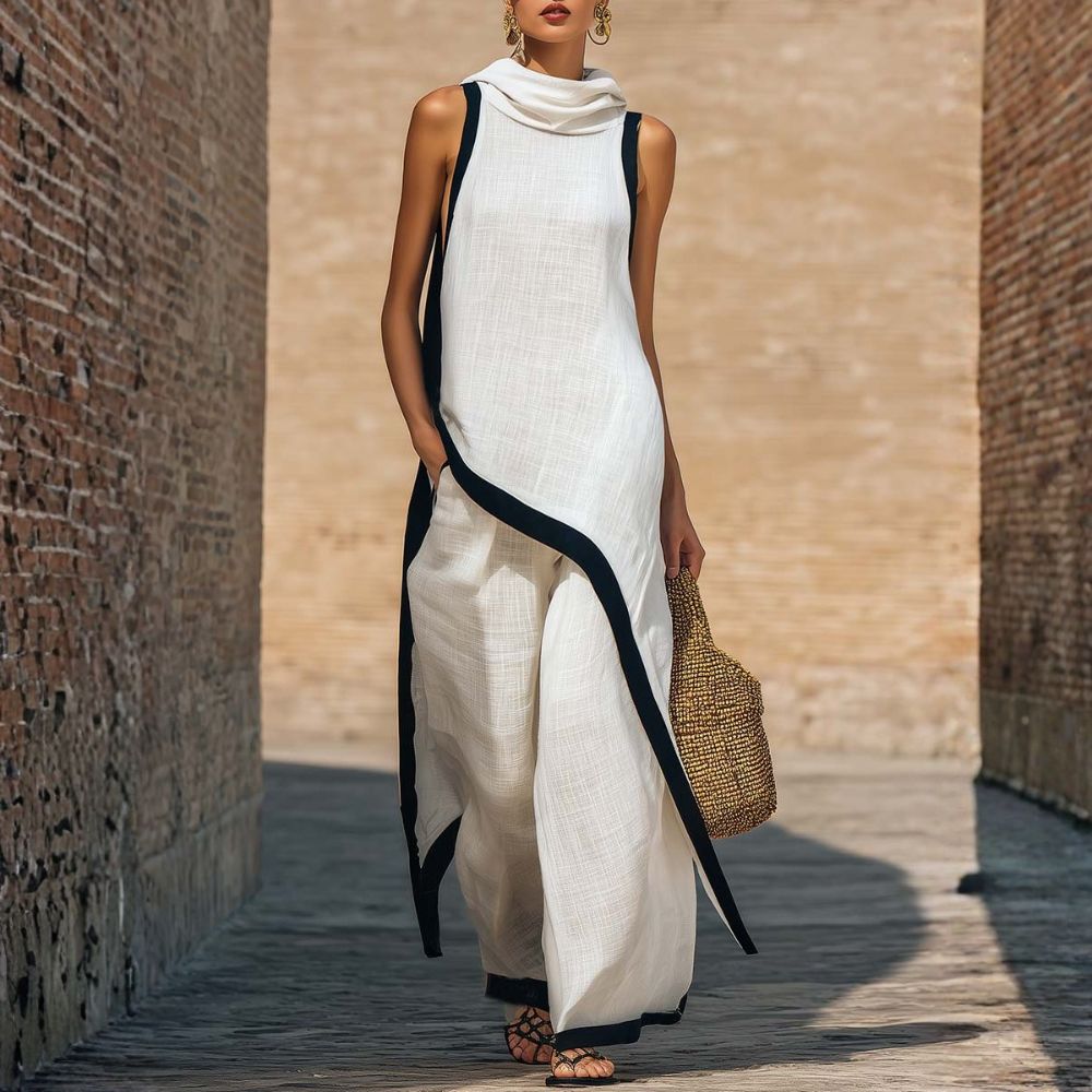 Ingrid cowl-neck top and wide-leg pant set in White