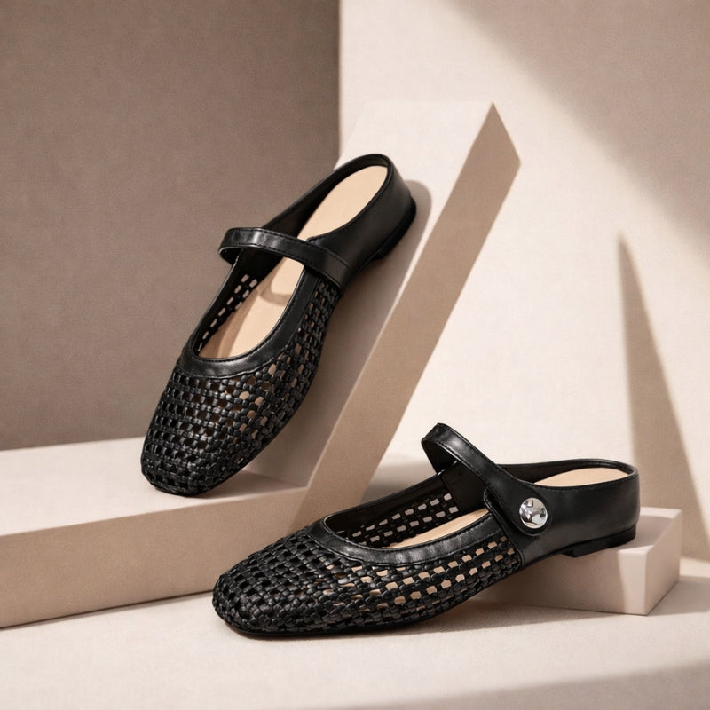 Maisie mule flats in Black — pair on a neutral studio step