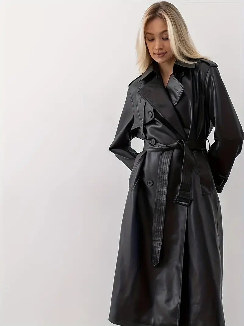 Marcella | Women's Long Belted Faux Leather Trench Coat