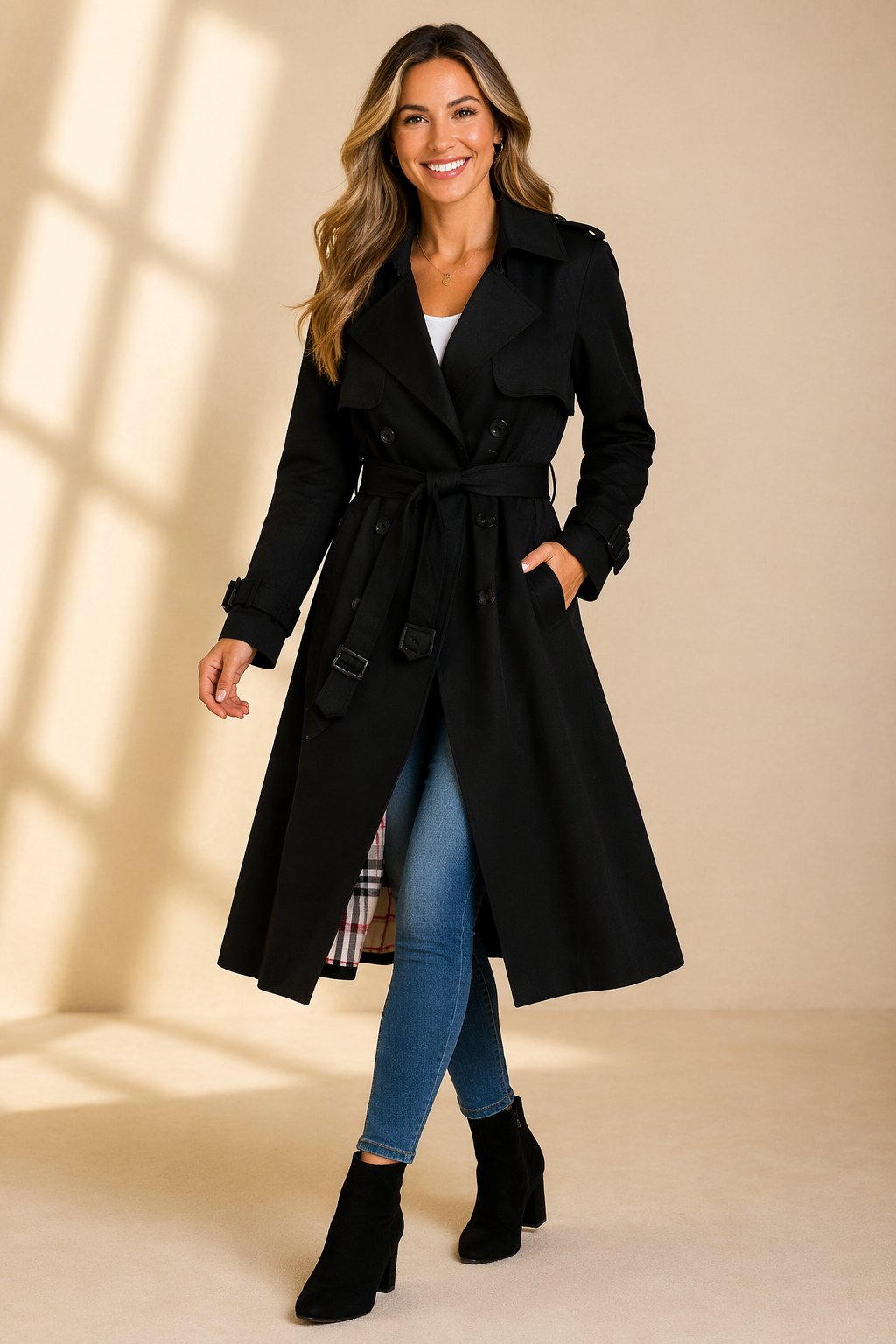 Stevie | Elegant Women's Long Trench Coat with Waist Belt