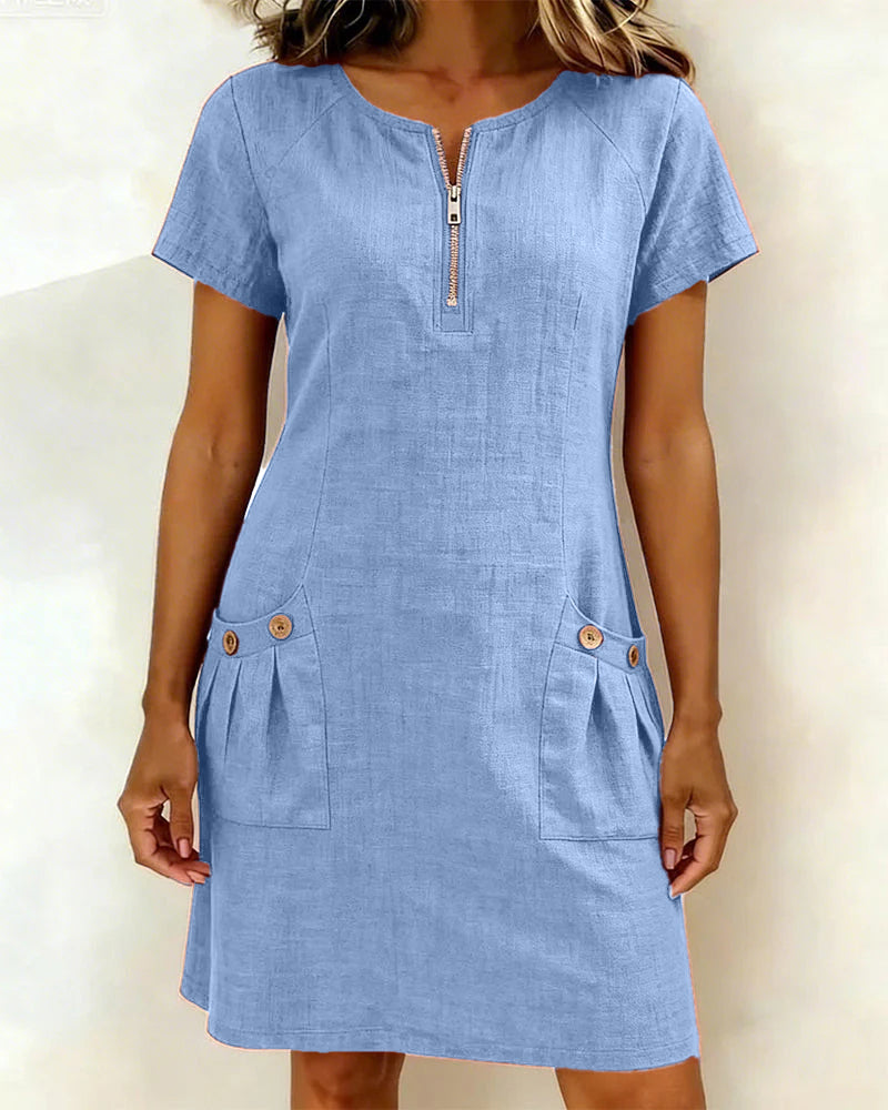 Tamsin zip-neck cotton-linen dress in Blue