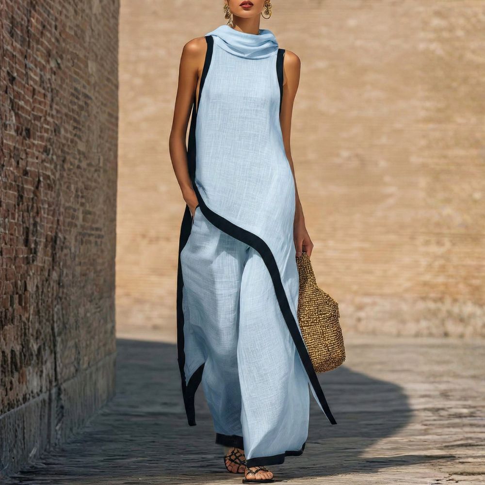 Ingrid cowl-neck top and wide-leg pant set in Blue