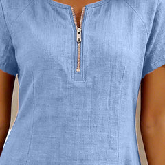 Tamsin dress in Blue, zip neckline close-up