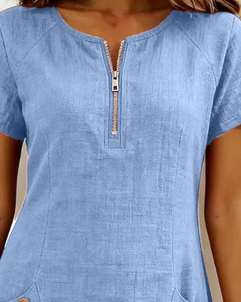 Tamsin dress in Blue, zip neckline close-up