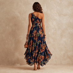 Delphine One-Shoulder Floral Maxi Dress in Navy – back view