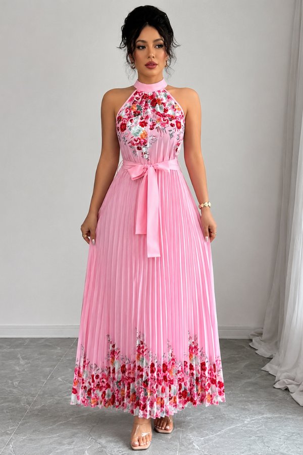 Ashlyn | Floral Pleated Halter Midi Dress