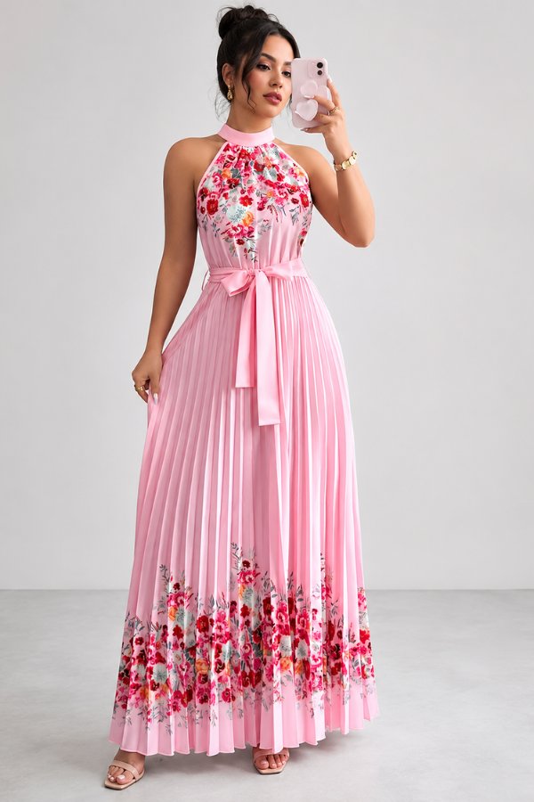 Ashlyn | Floral Pleated Halter Midi Dress