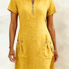 Tamsin zip-neck cotton-linen dress in Yellow