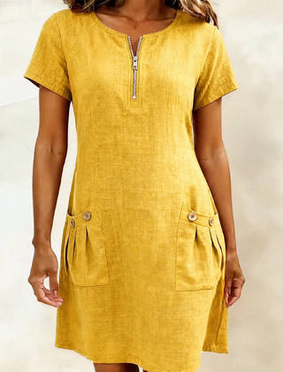Tamsin zip-neck cotton-linen dress in Yellow