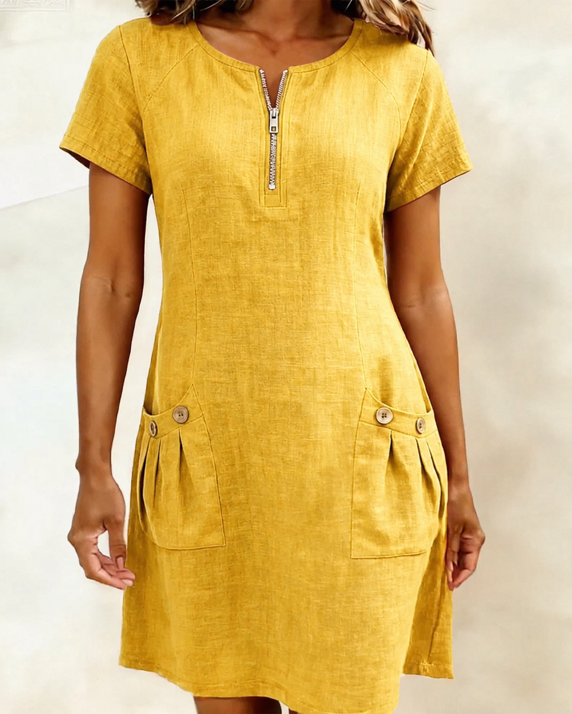 Tamsin zip-neck cotton-linen dress in Yellow