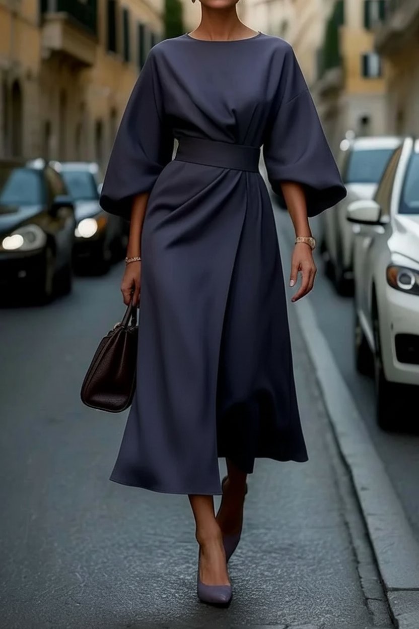 Lydia | Elegant Lantern-Sleeve Waist-Cinching Cocktail Midi Dress