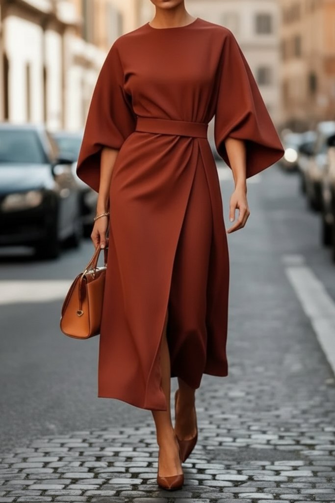 Lydia | Elegant Lantern-Sleeve Waist-Cinching Cocktail Midi Dress