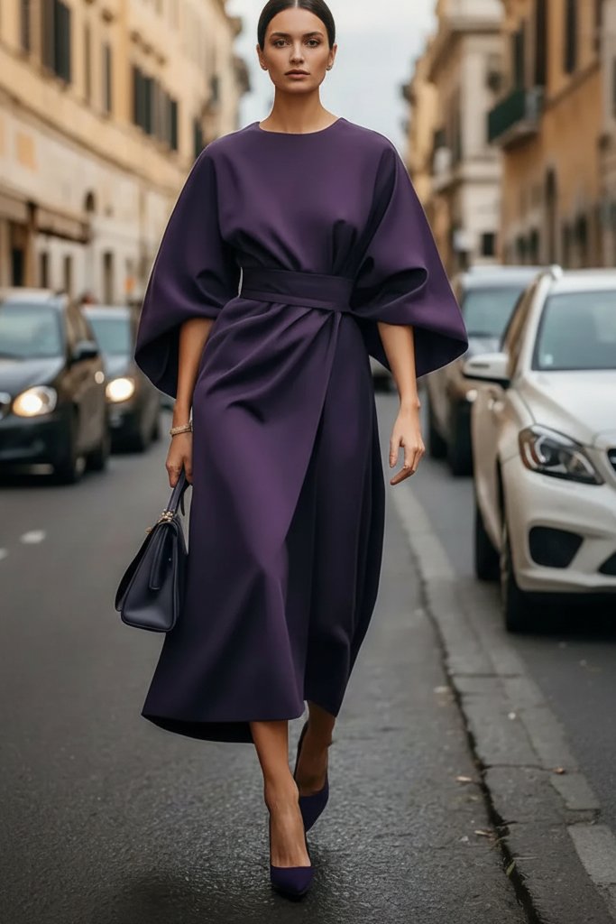 Lydia | Elegant Lantern-Sleeve Waist-Cinching Cocktail Midi Dress