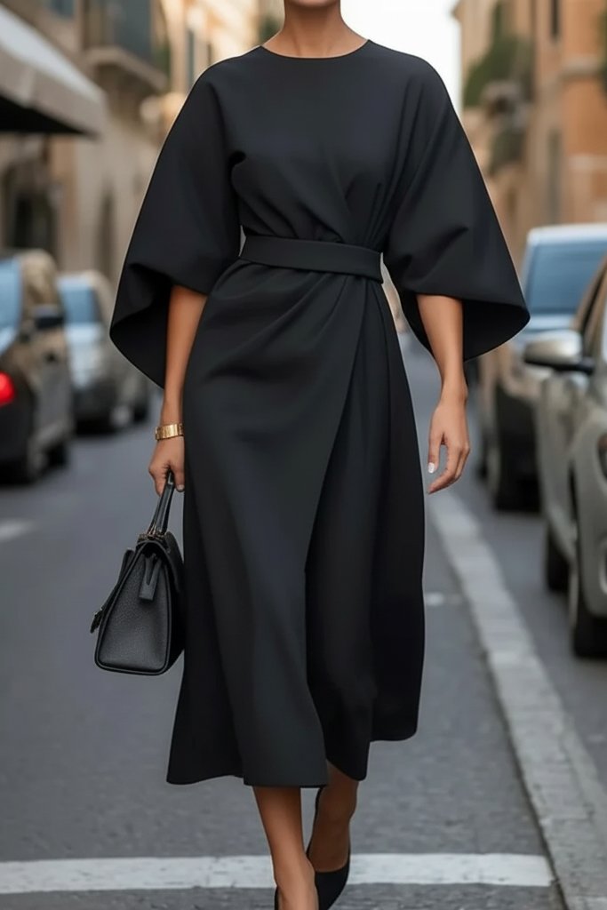 Lydia | Elegant Lantern-Sleeve Waist-Cinching Cocktail Midi Dress