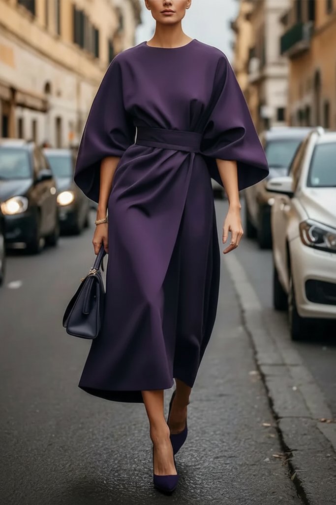 Lydia | Elegant Lantern-Sleeve Waist-Cinching Cocktail Midi Dress
