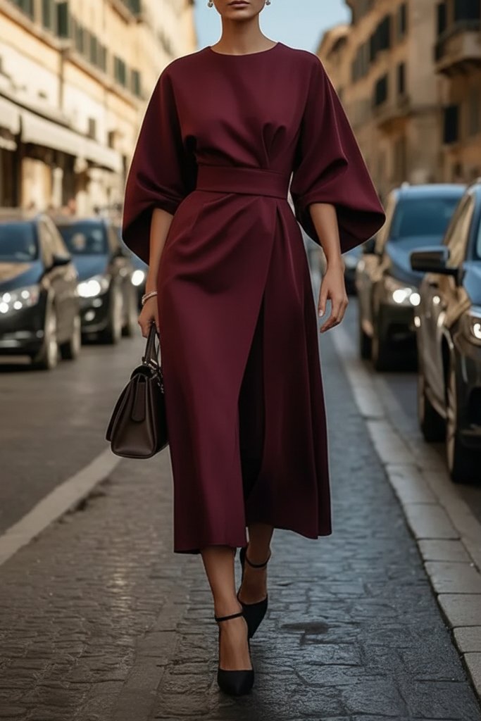Lydia | Elegant Lantern-Sleeve Waist-Cinching Cocktail Midi Dress