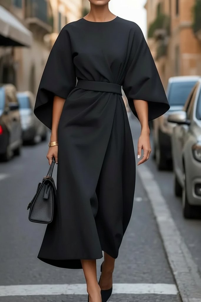 Lydia | Elegant Lantern-Sleeve Waist-Cinching Cocktail Midi Dress