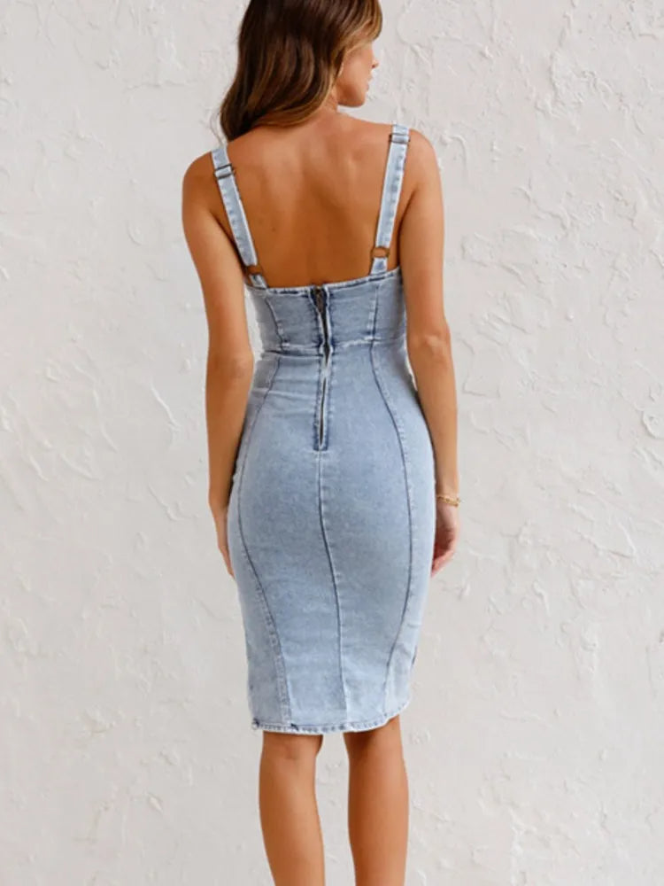 Denvara | Women's Adjustable Strap Denim Midi Dress