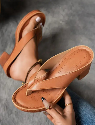 Colette block heel toe-post sandals in Brown