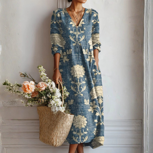 Winifred floral print V-neck pocket midi dress in Blue
