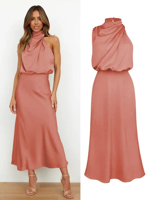 Elaria | Women's Elegant Halter Neck Spaghetti Strap Midi Dress